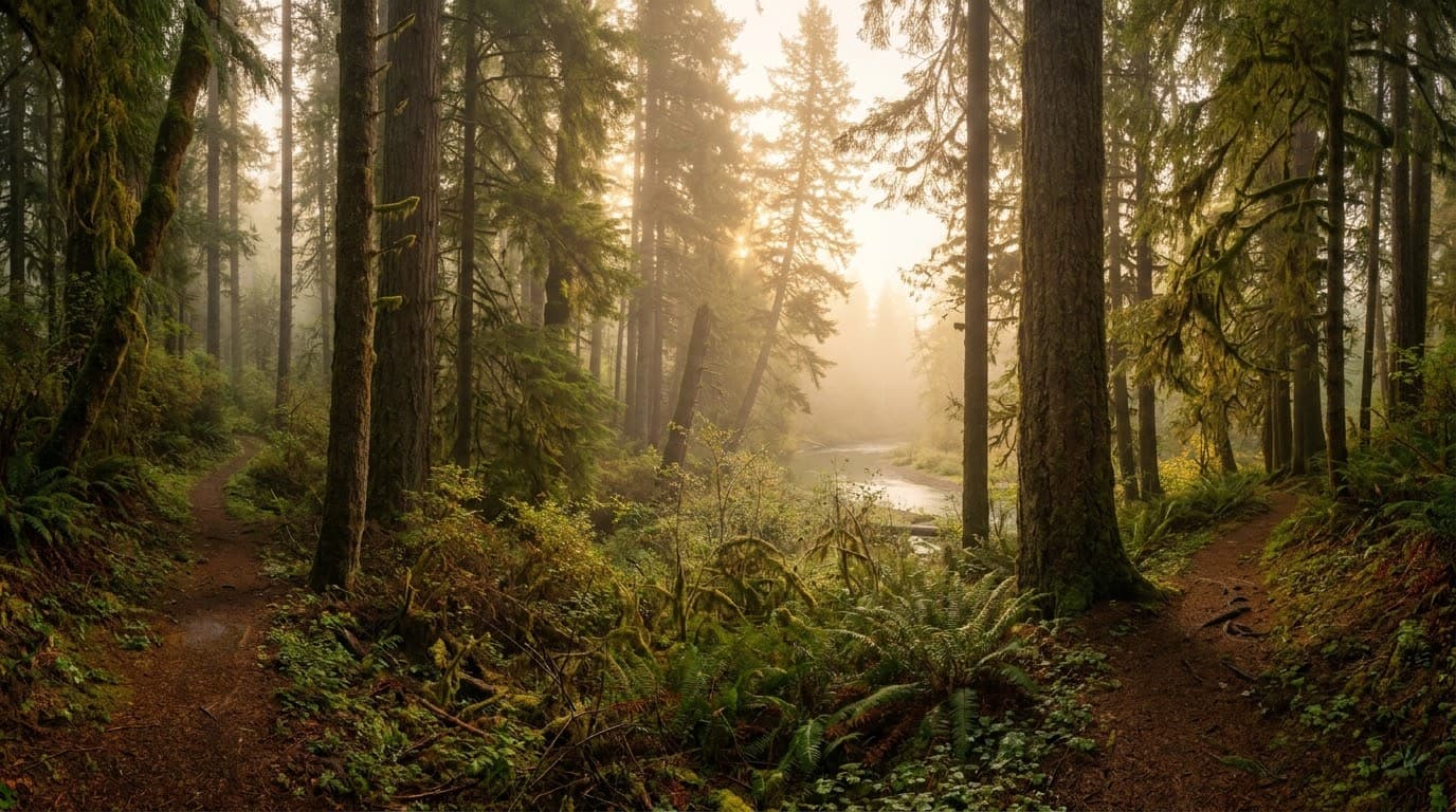 Mistiger, alter Wald im Morgenlicht